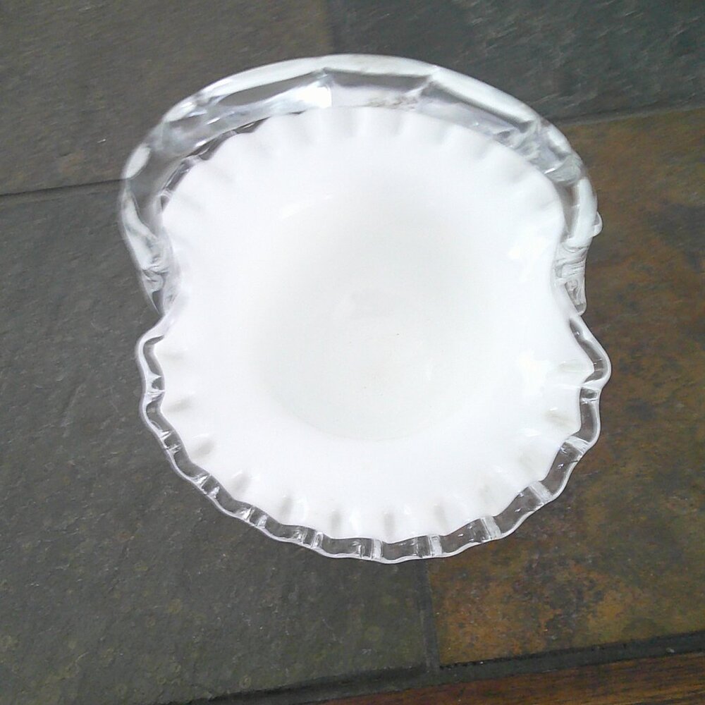 Vintage Fenton Silver Crest White Milk Glass Basket-Crimped-Bamboo Like Handle-t - Picture 3 of 5